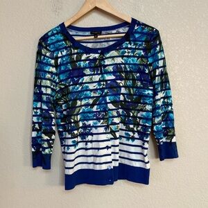 Talbots Blue Floral Stripe Button Cardigan Sweater Petite Medium Petite NWOT